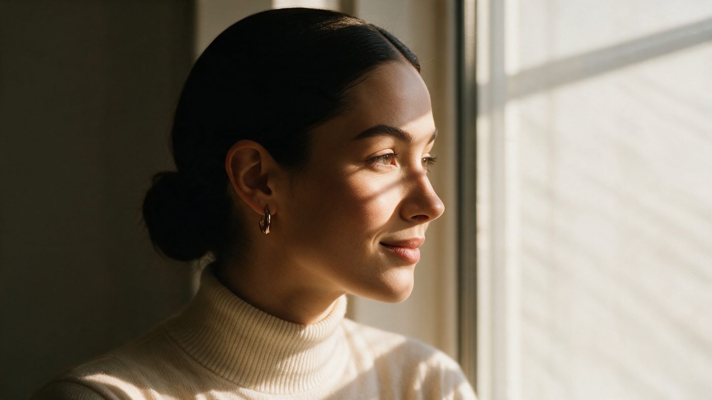 A woman smiling softly as she looks out of a sunlit window