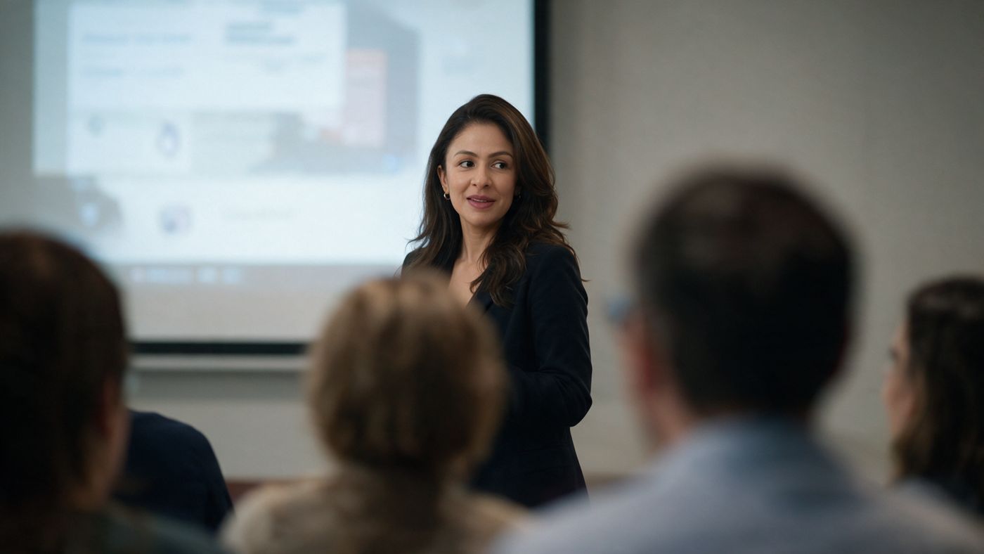 Sabina smiling as she speaks with a group at a workplace session
